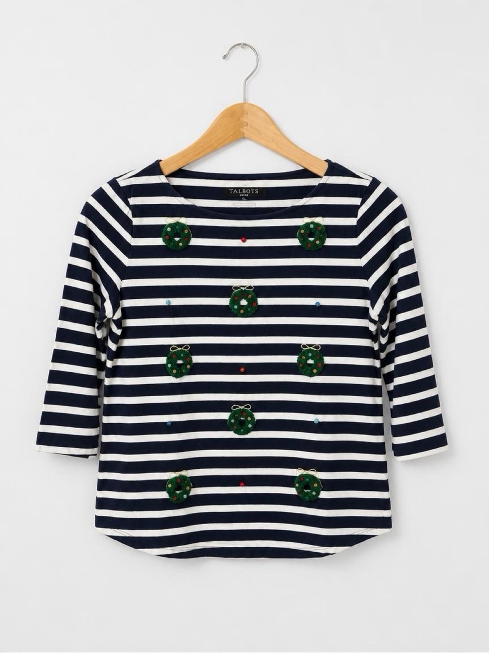 Talbots Women’s Navy & White Striped Top with Green Wreath Embellishments